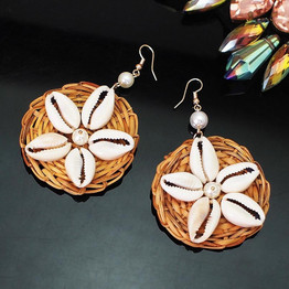 Bohemia Straw Rattan Knit Shell Drop Dangle Earrings