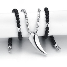 Norse Vikings Wolf Steel Tooth Pendant Black Stone Men's Necklace