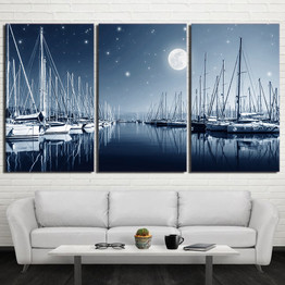 3 Panel Canvas Art Sailboats Moon Night Canvas Painting Wall Art Canvas Poster and Print Wall Pictures for Living Room ny-6636D