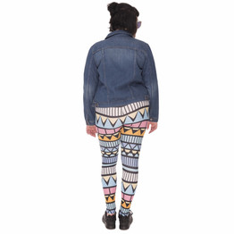 Stretch Large Size Women Leggings Aztec Niebieski Printing High Waist Plus Size