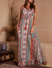 Vintage Boho Ptinted V Neck Spaghetti Strap Sleeveless Falbala Maxi Dress