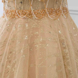 Gold Ball Gown Evening Dresses Long Sexy Straps Crystals Tulle Evening Gown Formal Dress
