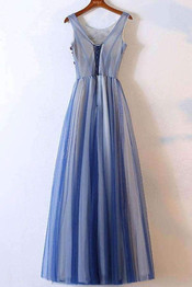 Blue Scoop Neck Sleeveless Prom Dress,A Line Floor Length Beading Evening Dress OMP35