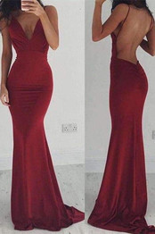 Burgundy Sheath Brush Train Deep V Neck Sleeveless Backless Prom Dress,Party Dress P502