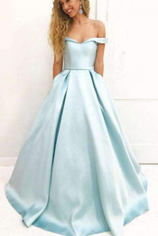 Light Blue A Line Brush Train Off Shoulder Sleeveless Prom Dress,Party Dress P482