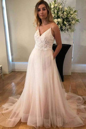 Chic Spaghetti Straps V Back Sleeveless Tulle Floor Length A Line Wedding Dress W424