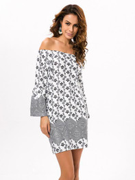 Pretty Floral Bohemia Off Shoulder Long Trumpet Sleeve Bodycon Mini Dress