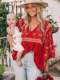 Red Boho Long Sleeve Floral Print V-Neck Bohemian Blouses Tops