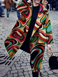 Fashion Turndown Collar Printed Colour Plus Size Long Sleeve Coat Outerwear