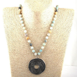 Fashion Amazonite Stone Bead Metal Circle Pendant Necklace