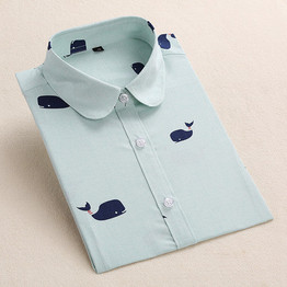 VenusFox Women Long Sleeve Shirt Turn Down Collar Vintage Cotton Shirt