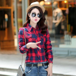 2018 New Fashion Women Plaid Shirt Flannel Long Sleeve Casual Women Blouses Shirt  Ladies Plus Size