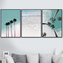 Coconut Palm Tree Pink Beach Sea Umbrella Wall Art Canvas