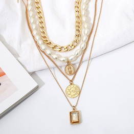 Multilayer Pearl Chain Crystal Pendant Necklace