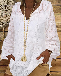 Women's Blouse Shirt Solid Colored Long Sleeve Lace Hollow Round Neck Tops Lace Basic Top White Black-826