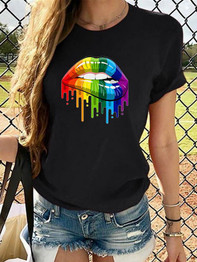 Women's T shirt Graphic Rainbow Round Neck Tops Cotton Basic Basic Top White Black