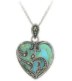 Sterling Silver Created Turquoise and Marcasite Heart Necklace