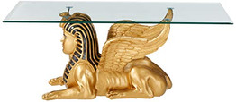 Design Toscano Egyptian Sphinx Glass Topped Sculptural Table in Faux Gold and Egyptian Palette