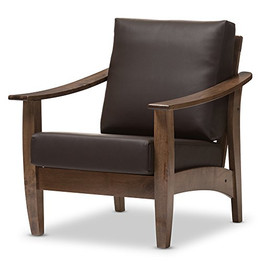Baxton Studio Philbert Mid Century Modern Walnut Wood and Dark Brown Faux Leather 1 Seater Lounge Chair