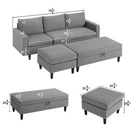 Esright Small Gray Sectional Sofa with Storage Ottoman and Chaise Lounge, 3-Seat Fabric Living Room Furniture Sets, L-Shape Couch Sofa for Small Apartment, Living Room, Gray