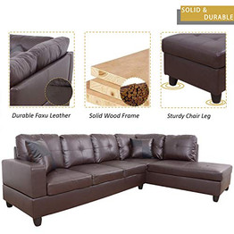 Ainehome Faux Leather 3 Piece Sectional Sofa Couch Set, L-Shaped Modern Sofa with Chaise Storage Ottoman and Pillows for Living Room Furniture, Right Hand Facing Sectional Sofa Set Brown