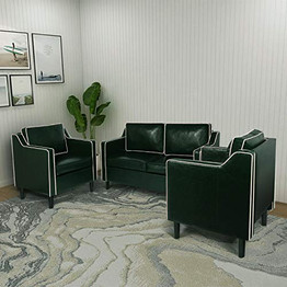 Mid Century Modern 3 Piece Sectional Sofa Set Couches for Living Room Faux Leather Armrest Office Couch Set Loveseat for Small Spaces, Home Furniture Green (Loveseat + 2 Single (3pcs), Green & White)