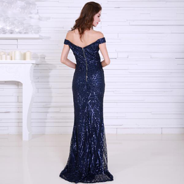 Women Sexy Elegant Gold Off Shoulder Sequin Maxi Dress for Prom Party