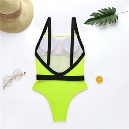 Neon Yellow Belt Buckle One Piece Swimsuit Swimwear Women Sexy Bikini Summer Monokini High Cut Bathing Suit Women Bathers