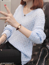 V Neck Loose Fitting Plain Knit Pullover