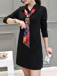 Turn Down Collar Plain Shift Dress