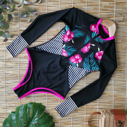 Long Sleeve Bikini Floral Printed One Piece Swimsuit Women Swimwear Monokini Female Bathing Suit Surfing Bodysuit Swim Wear