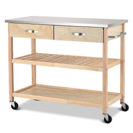 Rolling Kitchen Trolley Cart Island with Stainless Steel Countertop-Wood