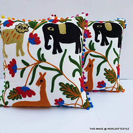 Animal Embroidered Suzani Square 16x16-inch Cotton Cushion Cover -Multicolour