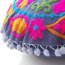 Pom Pom Uzbek Traditional Suzani Embroidered Cotton Round Cushion Covers