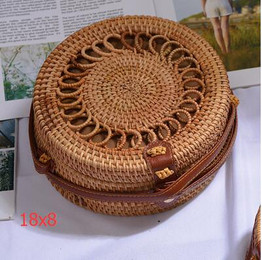 Brown Woven Rattan Bag Round Straw Shoulder Bag
