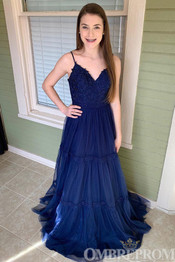 Royal Blue Spaghetti Straps V Neck Lace Prom Dress D258