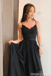 Black Prom Dress V Neck Spaghetti Straps Lace Evening Dress D157