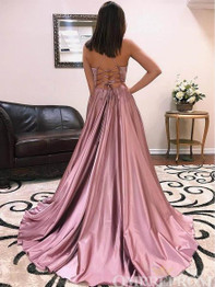 Spaghetti Straps V Neck A Line Satin Prom Dress with Split Side D99