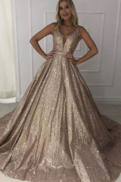 Sparkly V-neck Long Ball Gown Prom Dresses Modest Quinceanera Dresses M909
