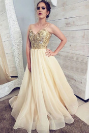 A-line Spaghetti-straps V-neck Appliques Long Prom Evening Dress D433