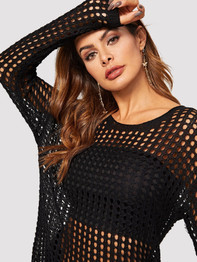 Drop Shoulder Crochet Eyelet Slit Hem Cover Up