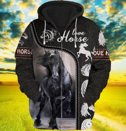 Love Black Horse Art Layout 3D Printed Zip Hoodie For Men & Women