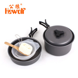 Hewolf 6pcs/set Aluminum Portable Outdoor Camping Hiking Cookware Backpacking Cooking Picnic Bowl Pot Pan Kits for 1-2 People