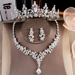 Sparkling Cubic Zirconia and Rhinestone Tiara, Necklace & Earrings Wedding Jewelry Set