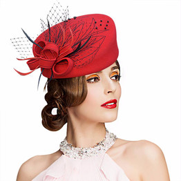 Wool Felt Pillbox Fascinator Hat with Netted Veil, Flower, Feathers and Beads