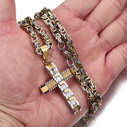 Two-tone Gold and Silver Crucifix Pendant and Byzantine Chain Necklace