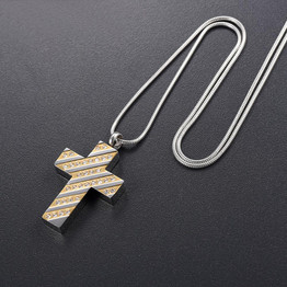 Two-tone Gold and Silver Cross Pendant Memorial Necklace with Cubic Zirconia