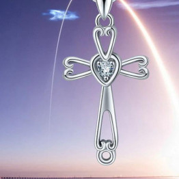 Sterling Silver Cross Pendant with Crystal Heart Necklace