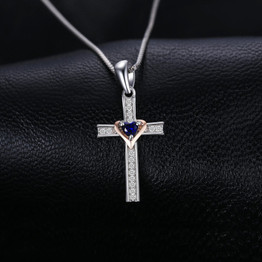 Blue Sapphire Heart Crystal on Silver Cross Pendant and Chain Necklace 925 Sterling Silver