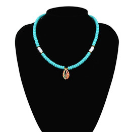 White and Blue Bead Choker with Painted Puka Shell Pendant